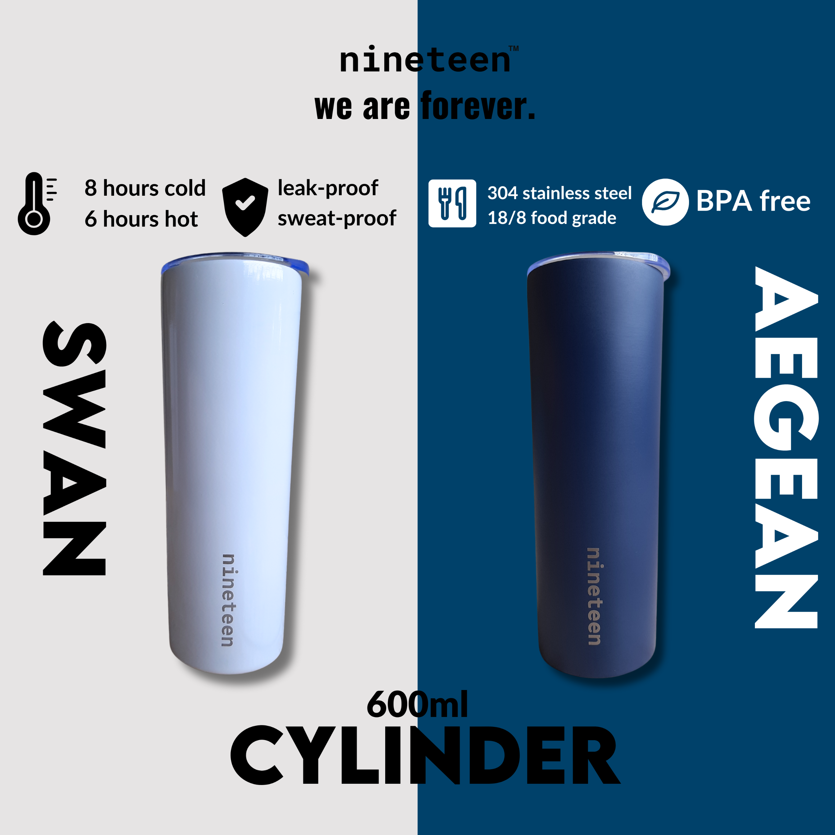 nineteen Cylinder Vacuum Insulated Tumbler 600ml - Aegean