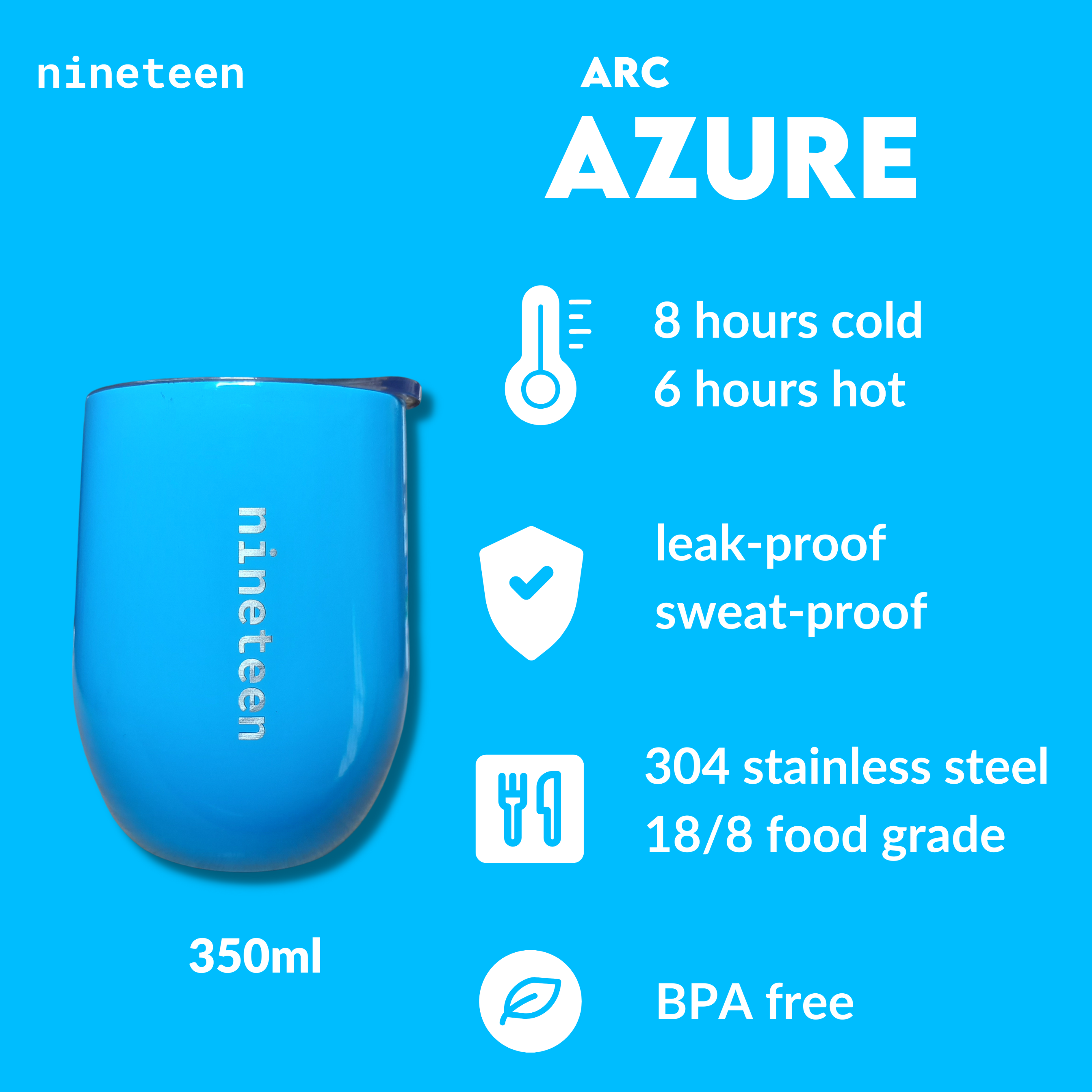 nineteen Arc Vacuum Insulated Tumbler 350ml - Azure