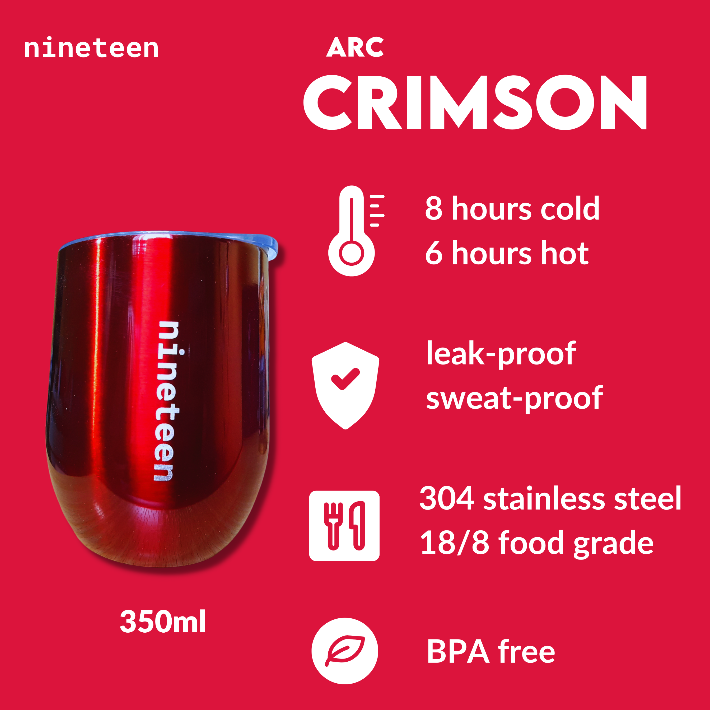 nineteen Arc Vacuum Insulated Tumbler 350ml - Crimson