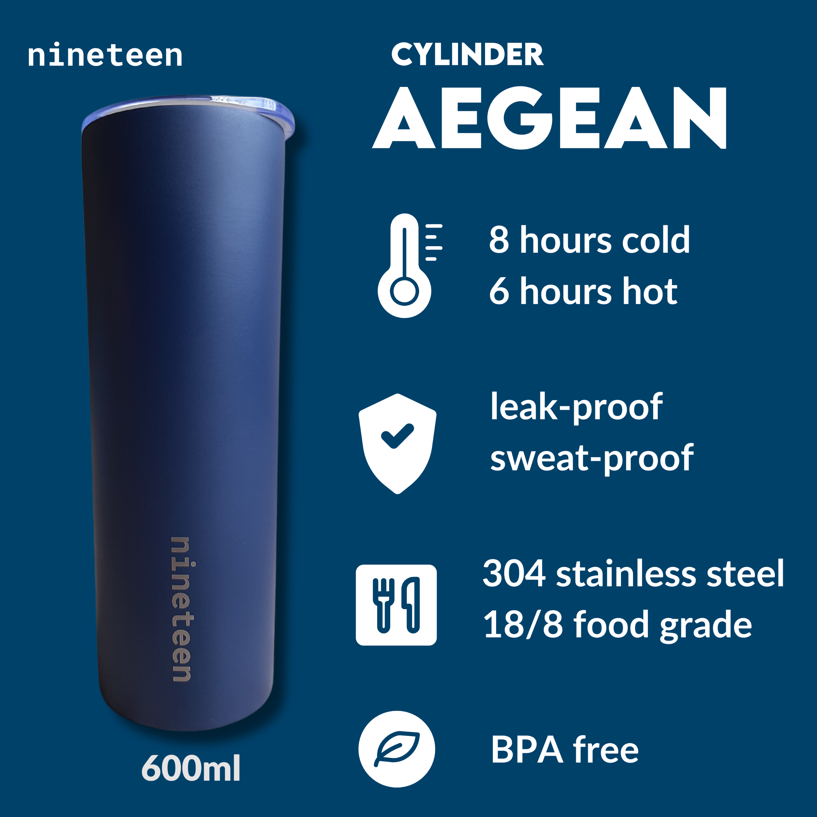 nineteen Cylinder Vacuum Insulated Tumbler 600ml - Aegean