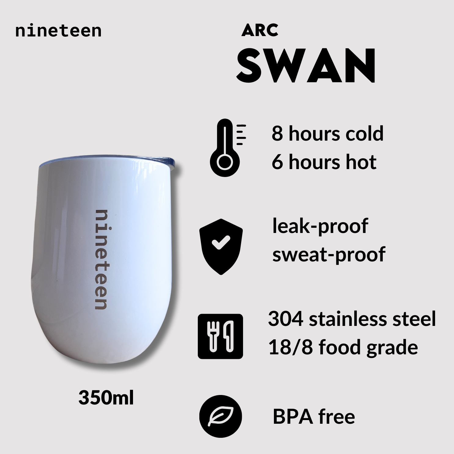 nineteen Arc Vacuum Insulated Tumbler 350ml - Swan
