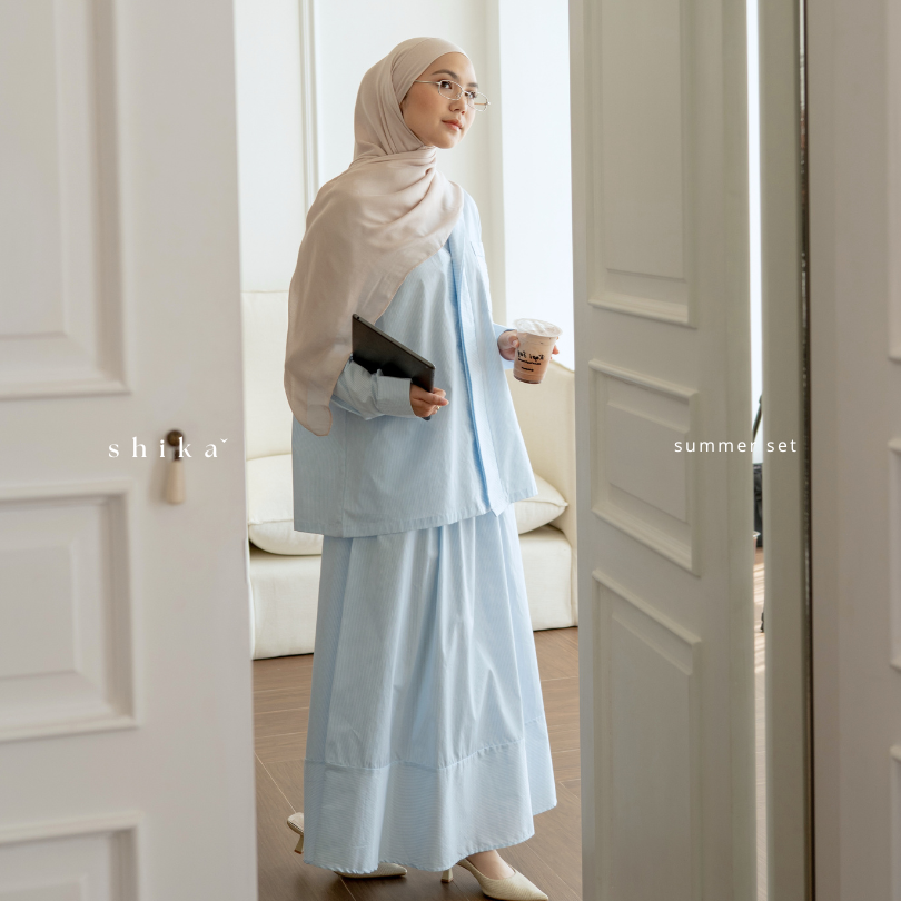 Shika SUMMER SET Stiripe one set busui setelan wanita cotton - Marvshe