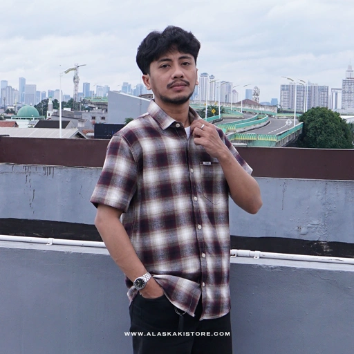 Image of Short Sleeve Plaid Shirt Brown White WR2005