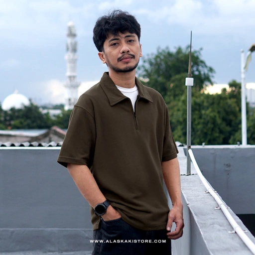 Image of Half Zip Polo Shirt by Common Issue Dark Brown CI4043