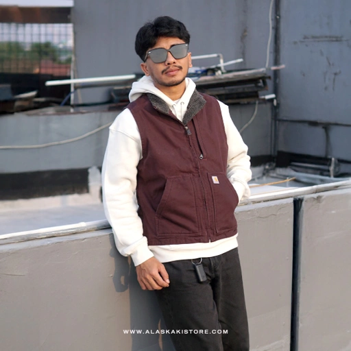 Image of Unisex Canvas Sherpa Vest Jacket Burgundy CR1014