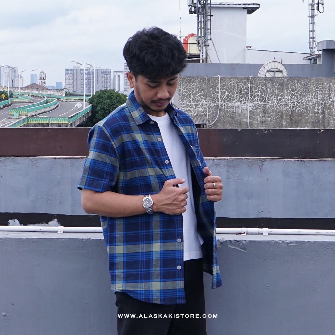 Short Sleeve Plaid Shirt Blue WR2003