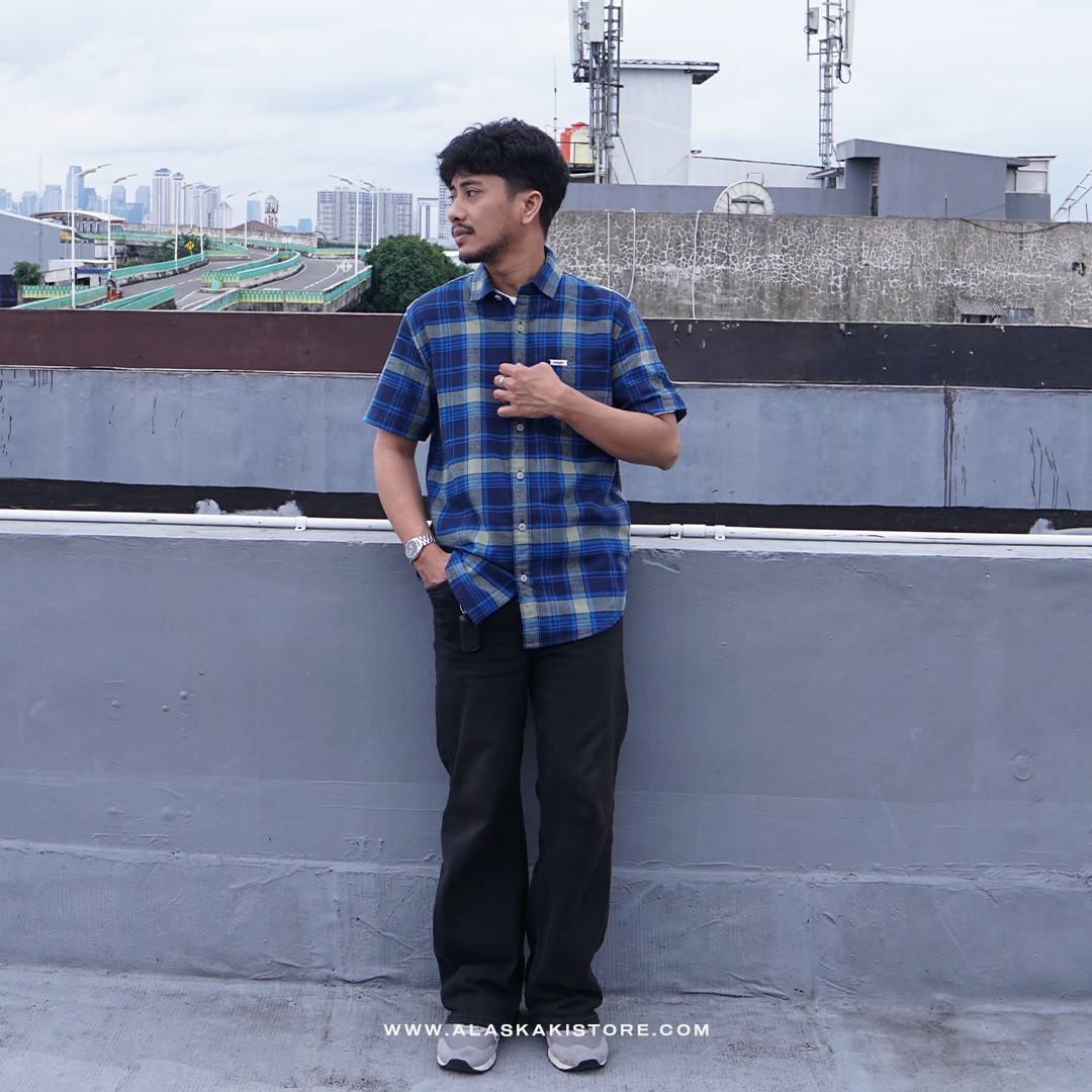 Short Sleeve Plaid Shirt Blue WR2003