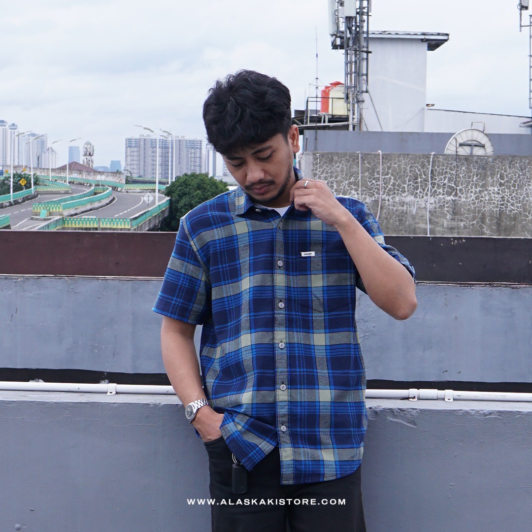 Short Sleeve Plaid Shirt Blue WR2003
