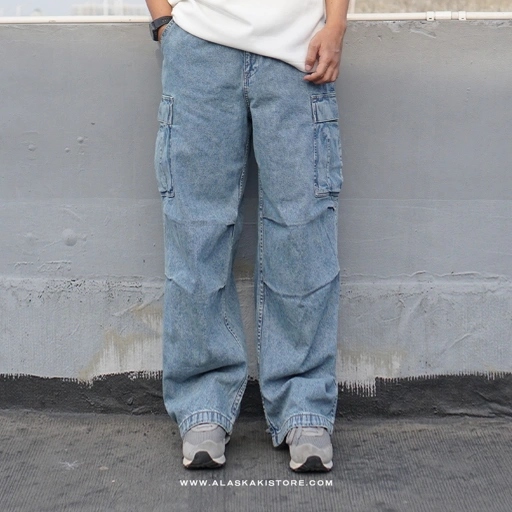 Denim Wide Cargo Pants Blue Washed GU5040