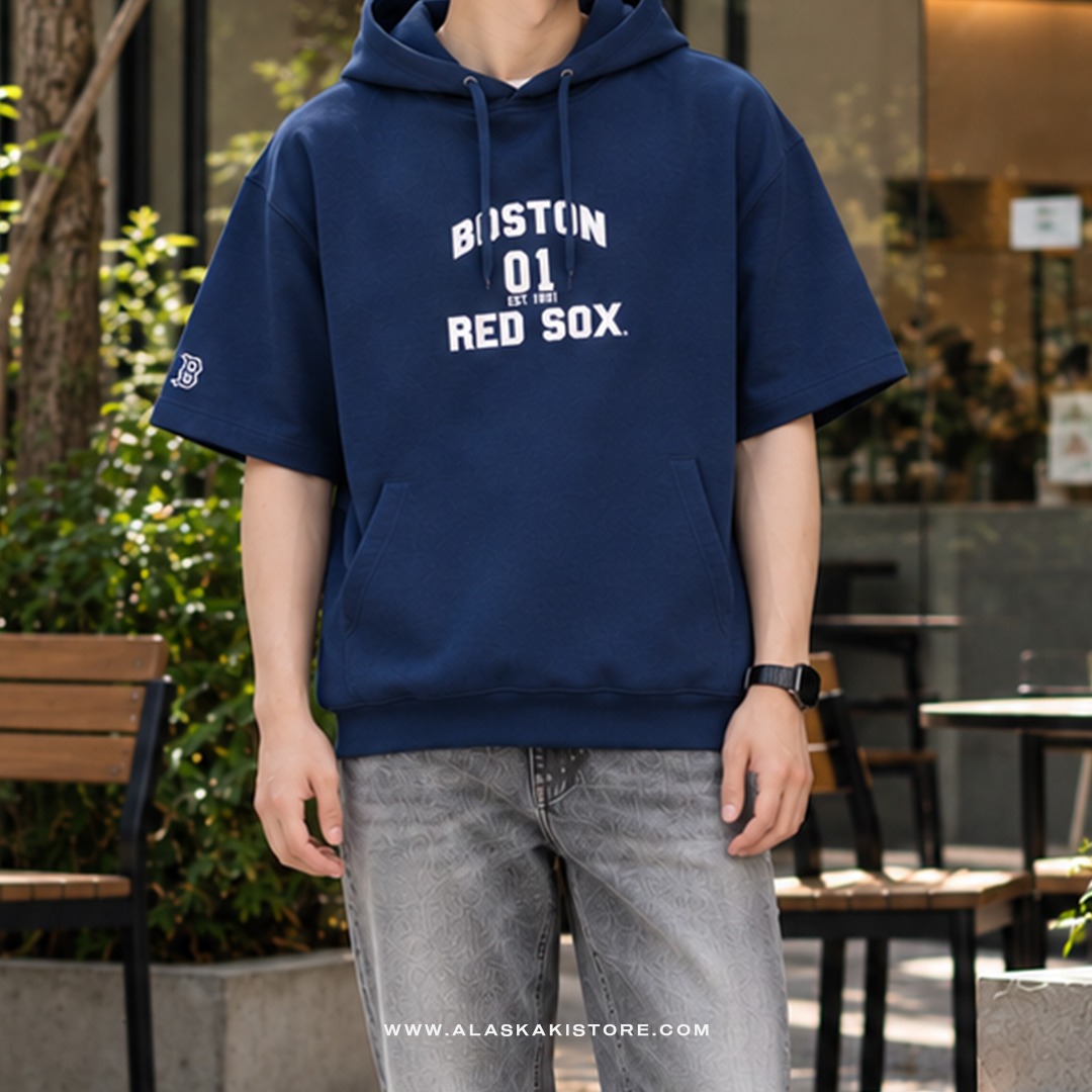 Short Sleeve Pullover Hoodie Navy ML1001