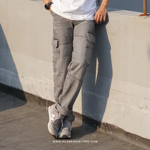Loose Cargo Pants Grey Washed BS5039