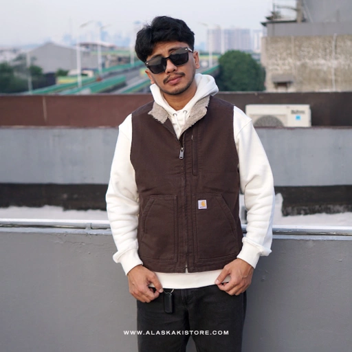 Image of Unisex Canvas Sherpa Vest Jacket Dark Brown CR1012