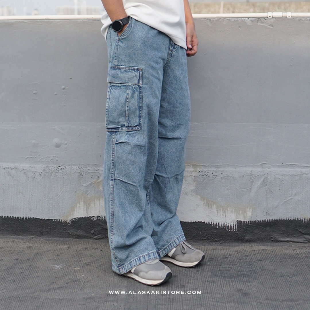 Denim Wide Cargo Pants Blue Washed GU5040