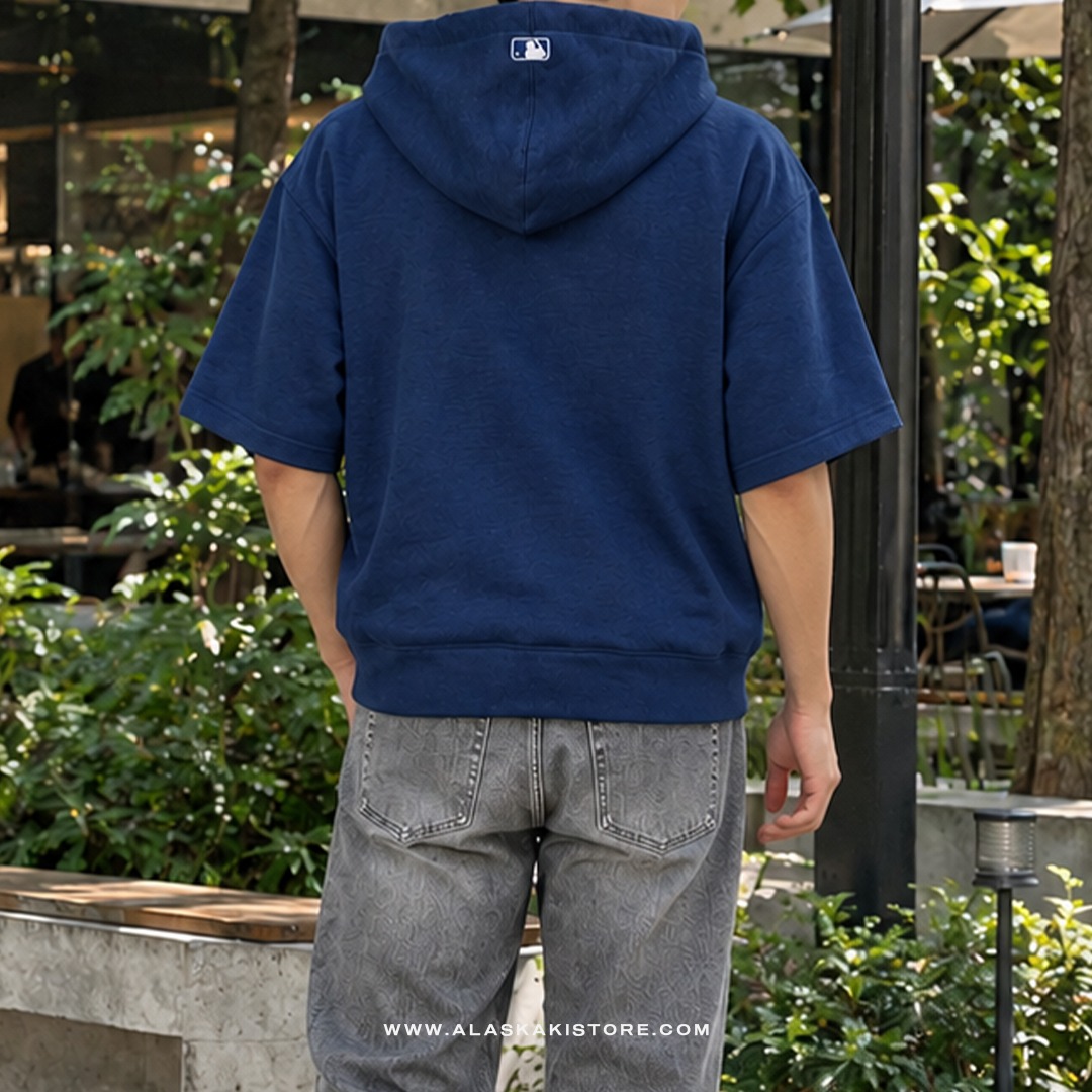 Short Sleeve Pullover Hoodie Navy ML1001
