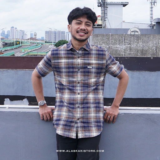 Image of Short Sleeve Plaid Shirt Navy Beige WR2007