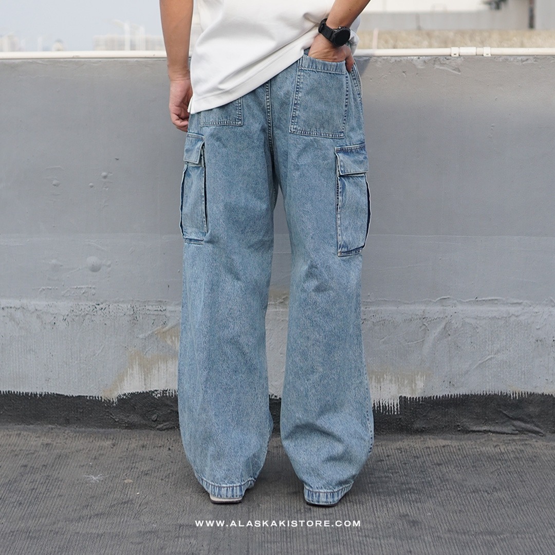 Denim Wide Cargo Pants Blue Washed GU5040