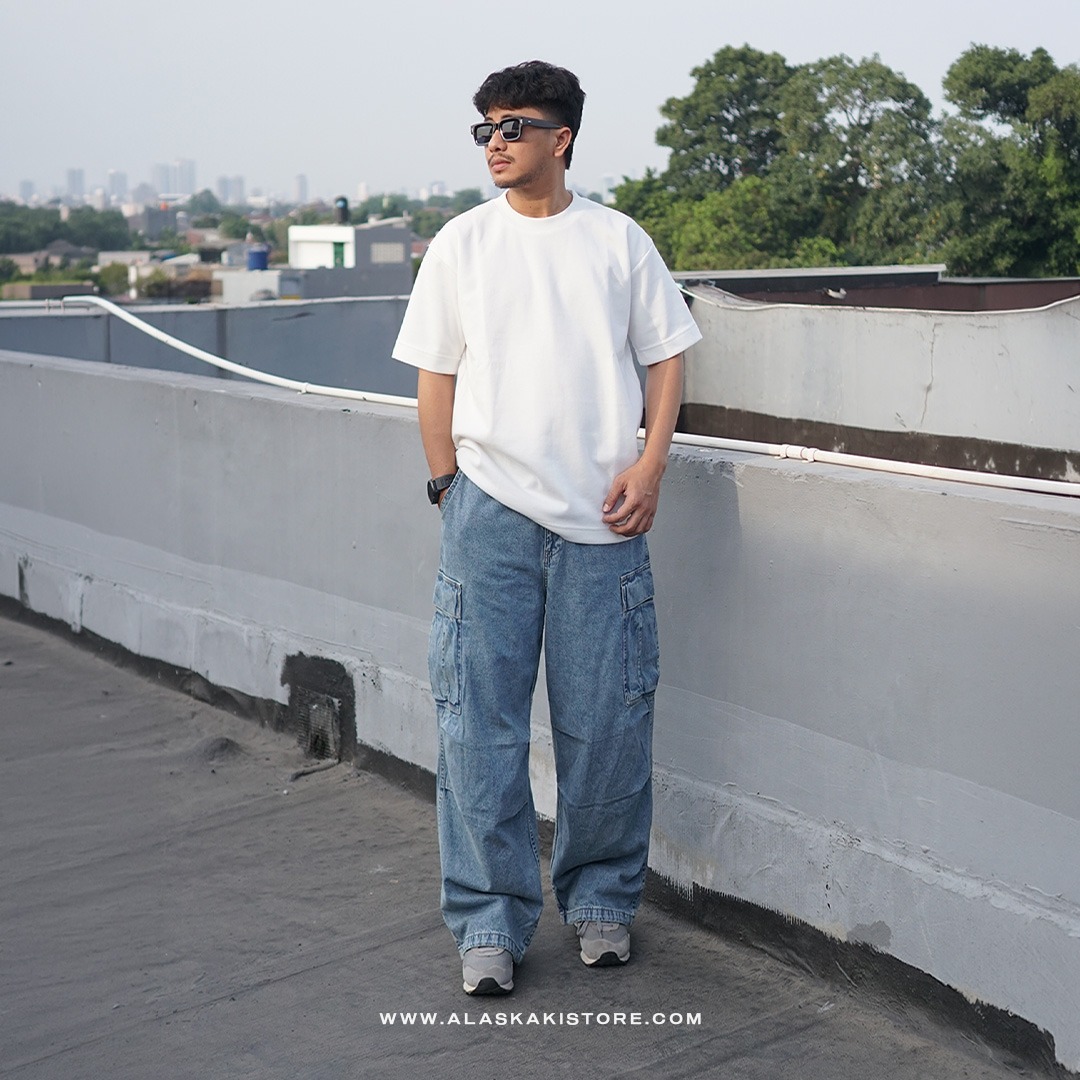 Denim Wide Cargo Pants Blue Washed GU5040