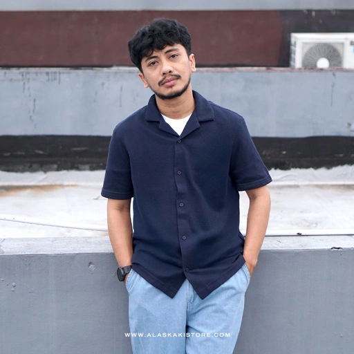 Image of Knitt Open Collar Shirt  Navy CE2001