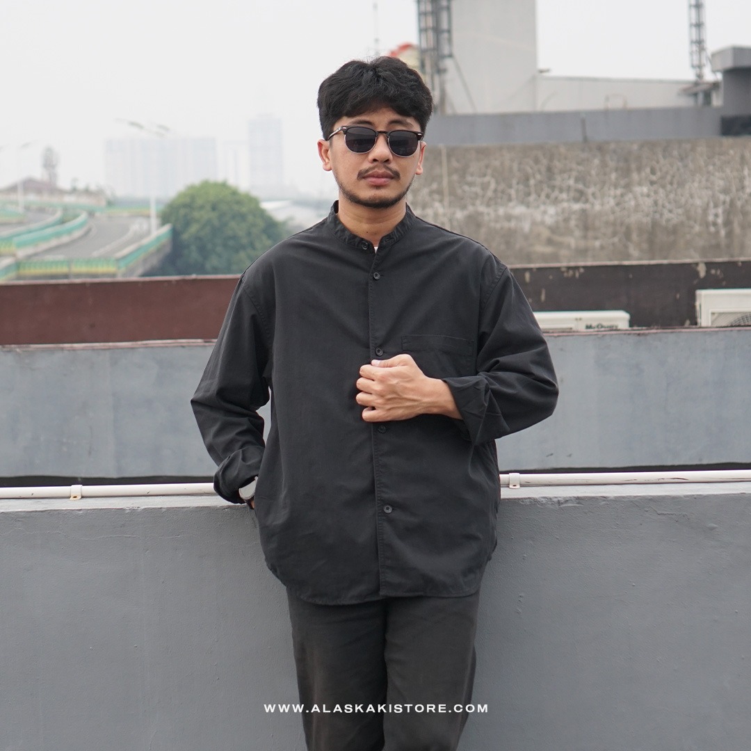Collarless Long Sleeve Shirt Black GL2001