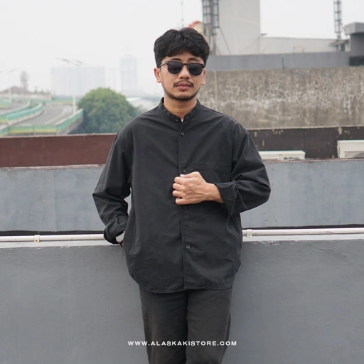 Collarless Long Sleeve Shirt Black GL2001