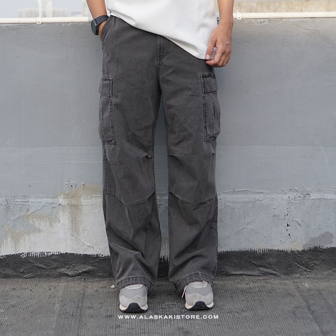 Denim Wide Cargo Pants Black Washed GU5038
