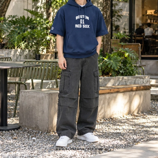 Short Sleeve Pullover Hoodie Navy ML1001
