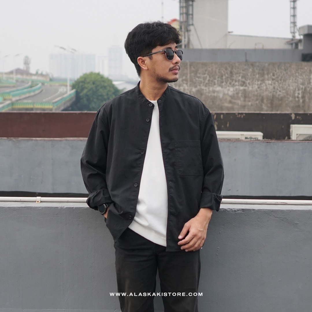 Collarless Long Sleeve Shirt Black GL2001