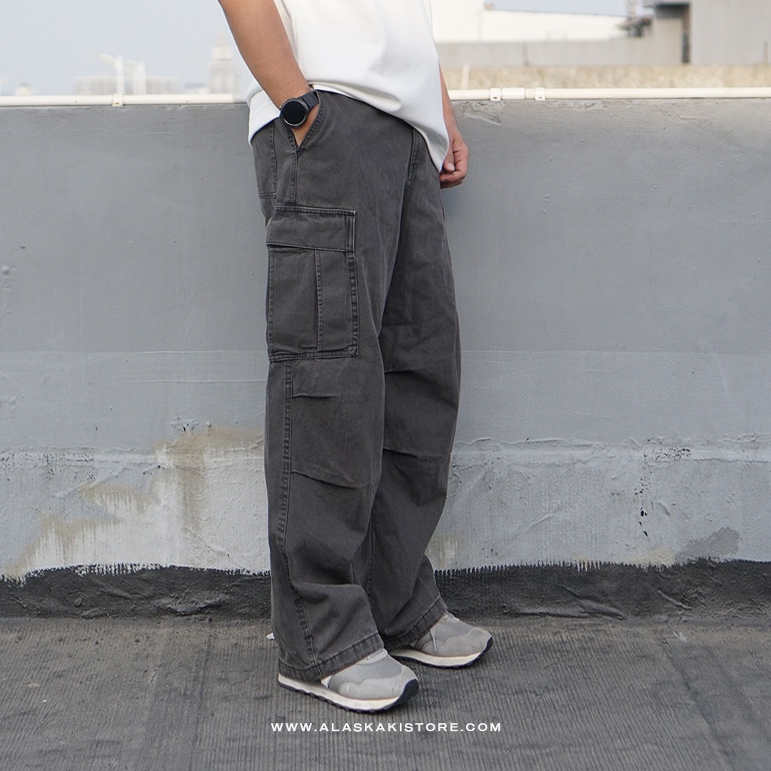 Denim Wide Cargo Pants Black Washed GU5038