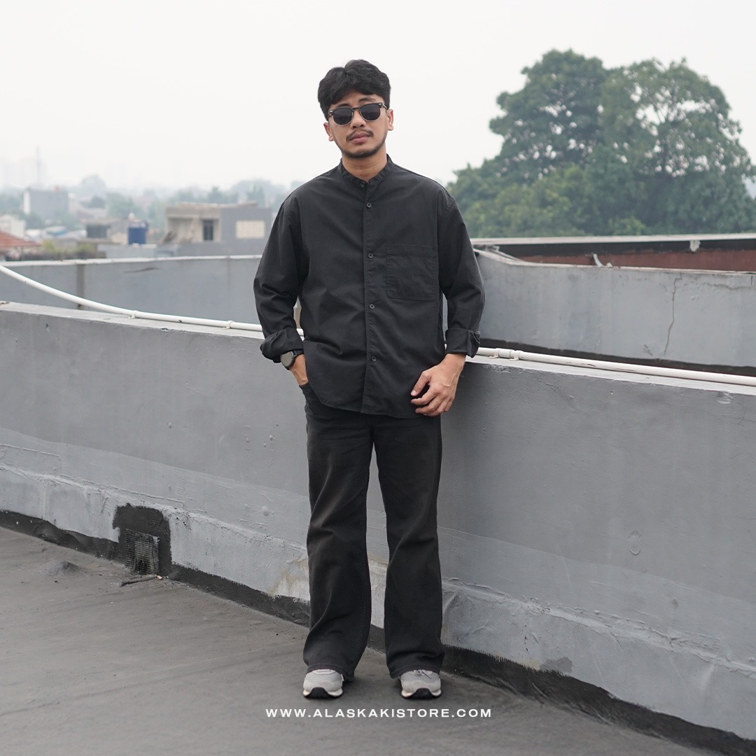 Collarless Long Sleeve Shirt Black GL2001
