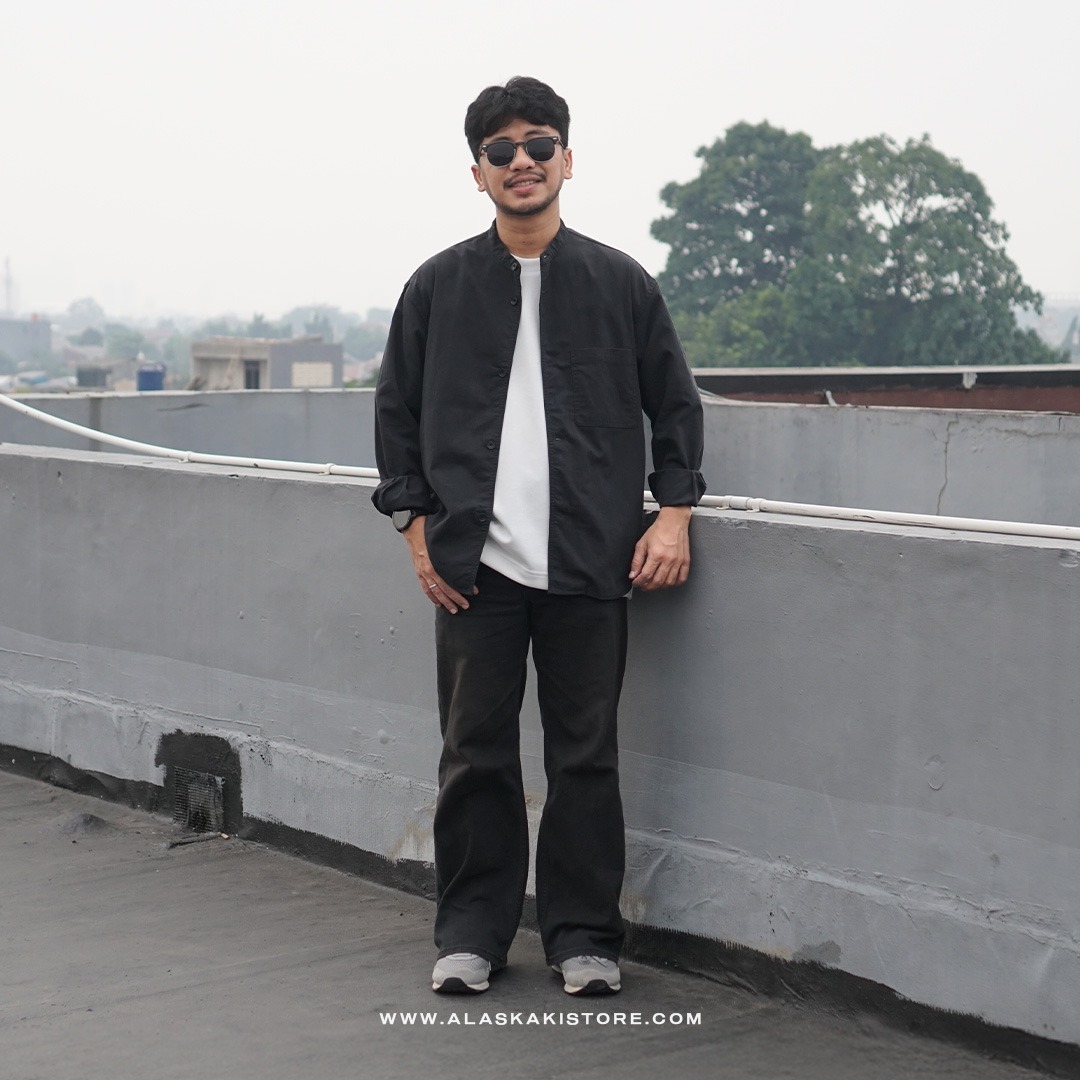 Collarless Long Sleeve Shirt Black GL2001