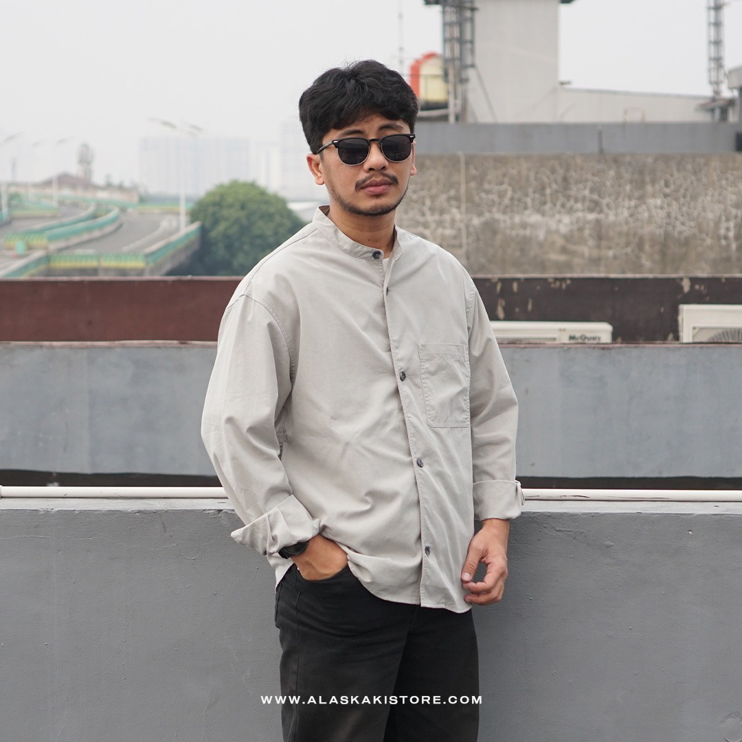 Collarless Long Sleeve Shirt Light Grey GL2003