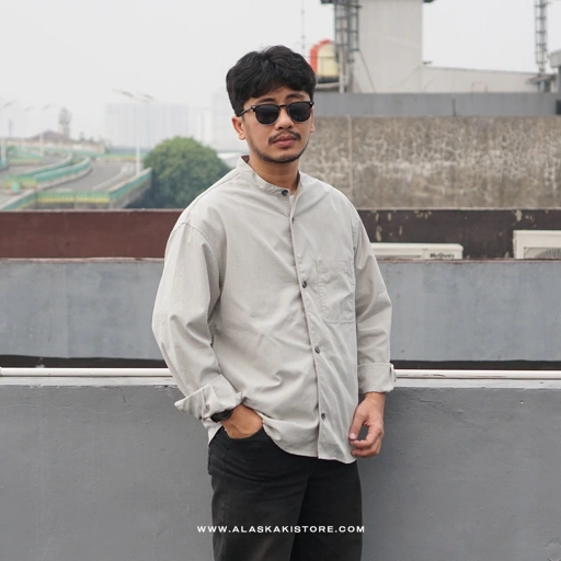 Collarless Long Sleeve Shirt Light Grey GL2003