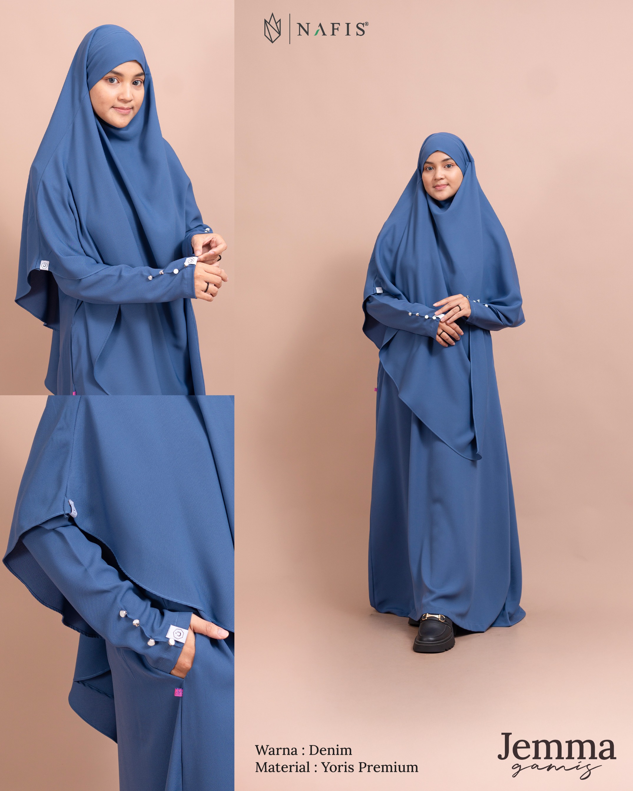NAFIS JEMMA ABAYA MATERIAL YORIS PREMIUM & JET BLACK-Adem, Nyaman, Fashionable