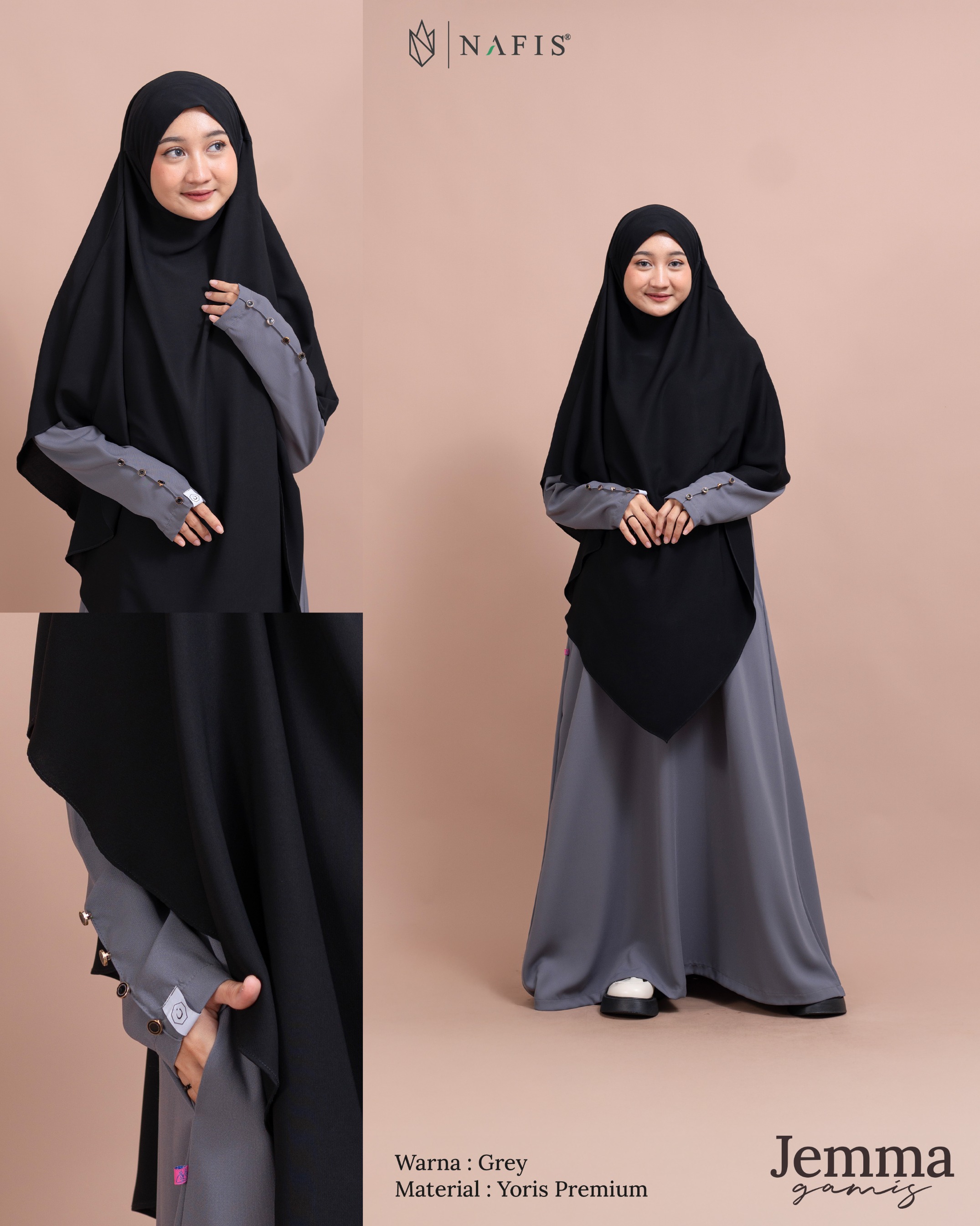 NAFIS JEMMA ABAYA MATERIAL YORIS PREMIUM & JET BLACK-Adem, Nyaman, Fashionable