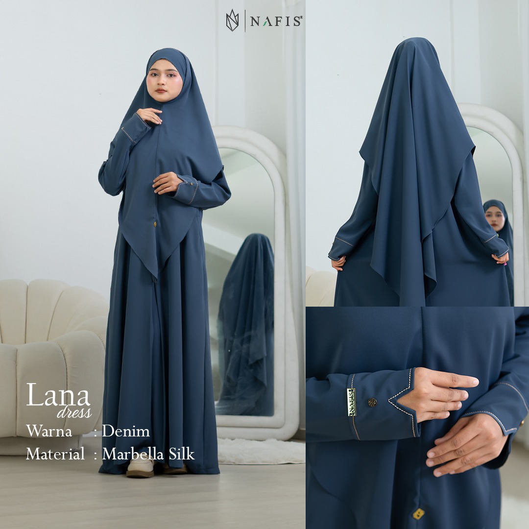 NAFIS LANA ABAYA SMOKE DENIM (JLB TERPISAH) MATERIAL MARBELLA SILK ANTI UV -Nyaman, Flowy, Perlindungan UV