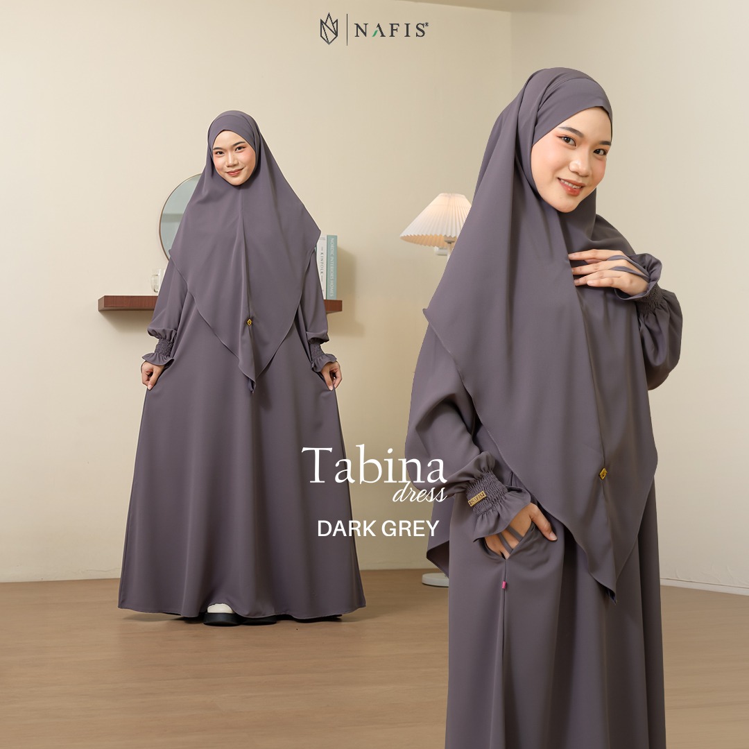 NAFIS TABINA SET DRESS DARK GREY MATERIAL MARBELLA SILK ANTI UV -Nyaman, Flowy, Perlindungan UV