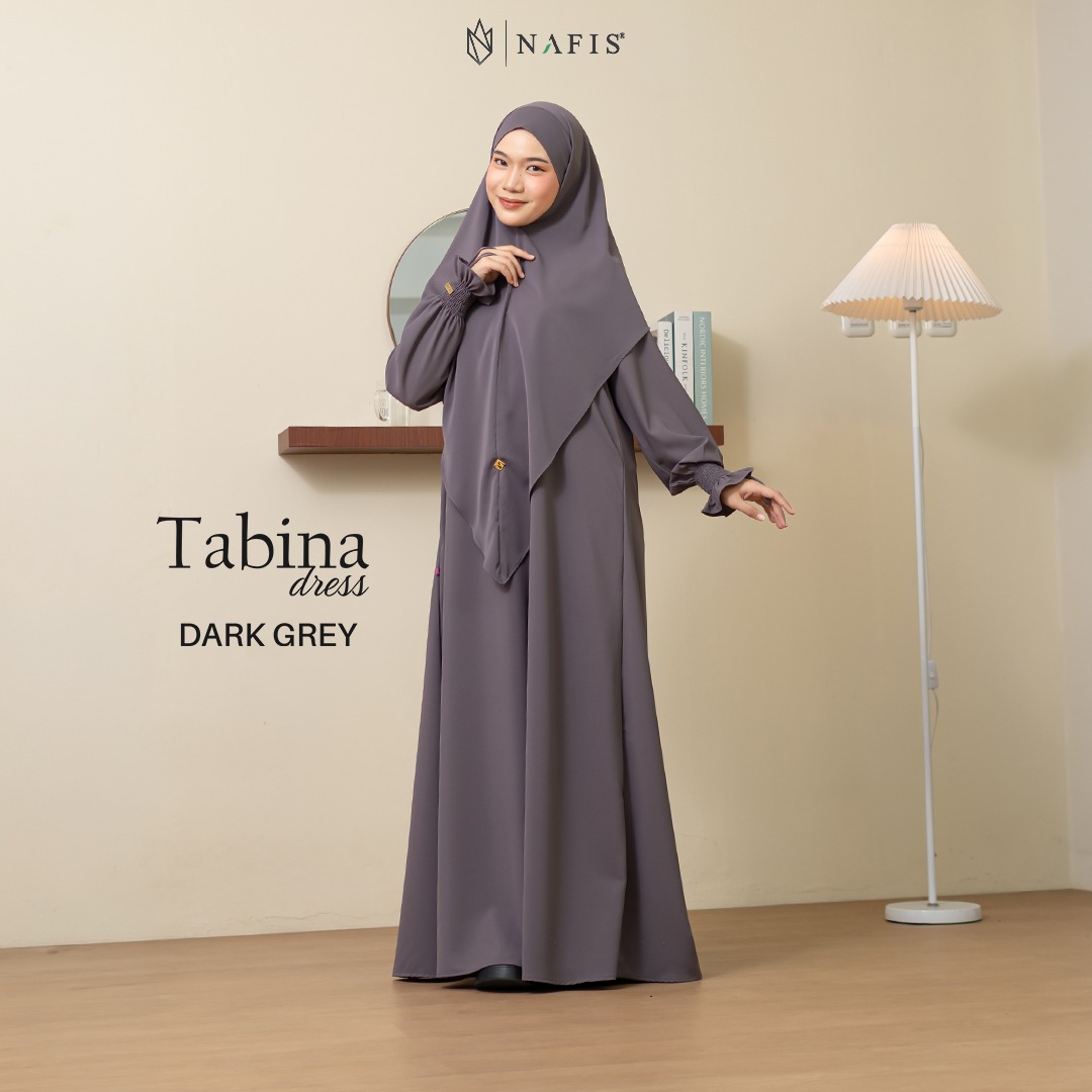 NAFIS TABINA SET DRESS DARK GREY MATERIAL MARBELLA SILK ANTI UV -Nyaman, Flowy, Perlindungan UV