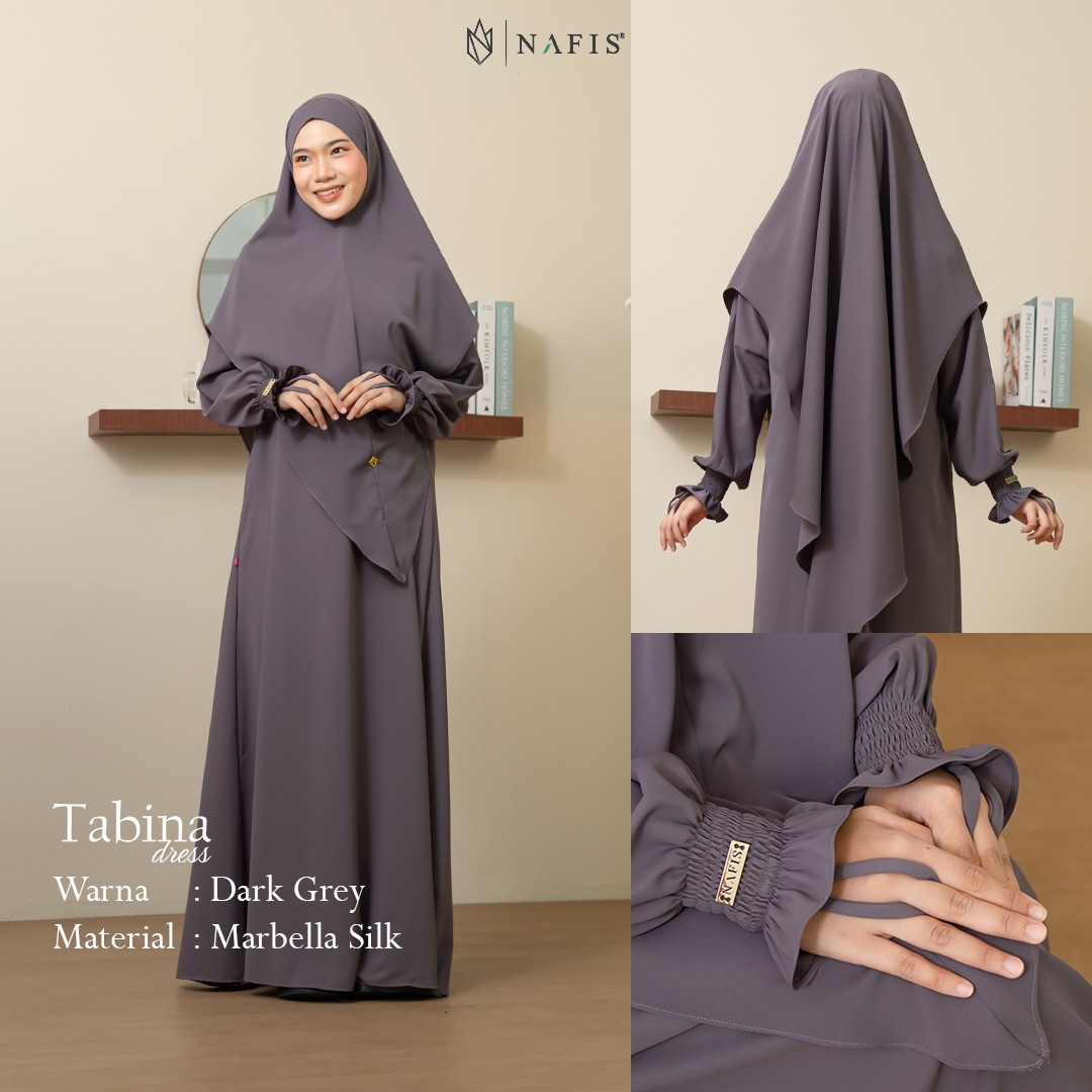 NAFIS TABINA SET DRESS DARK GREY MATERIAL MARBELLA SILK ANTI UV -Nyaman, Flowy, Perlindungan UV