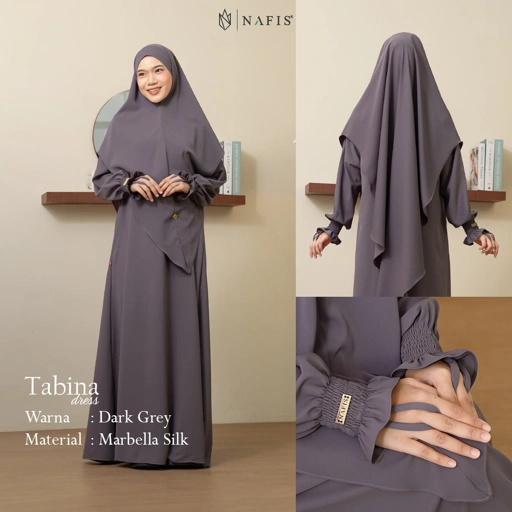 NAFIS TABINA SET DRESS DARK GREY MATERIAL MARBELLA SILK ANTI UV -Nyaman, Flowy, Perlindungan UV