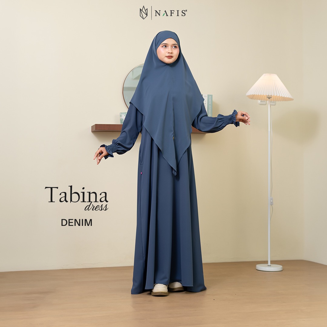 NAFIS TABINA SET DRESS DENIM MATERIAL MARBELLA SILK ANTI UV -Nyaman, Flowy, Perlindungan UV