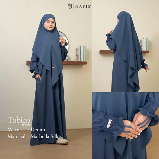 NAFIS TABINA SET DRESS DENIM MATERIAL MARBELLA SILK ANTI UV -Nyaman, Flowy, Perlindungan UV