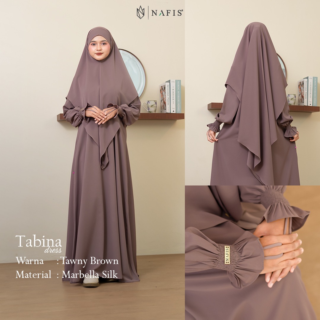 NAFIS TABINA SET DRESS TAWNY BROWN MATERIAL MARBELLA SILK ANTI UV -Nyaman, Flowy, Perlindungan UV