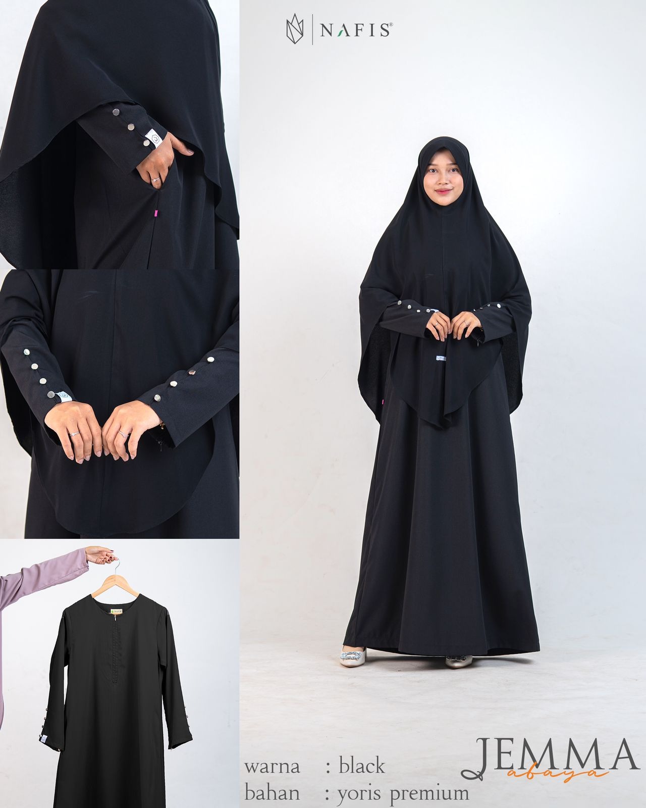 NAFIS JEMMA ABAYA MATERIAL YORIS PREMIUM & JET BLACK-Adem, Nyaman, Fashionable