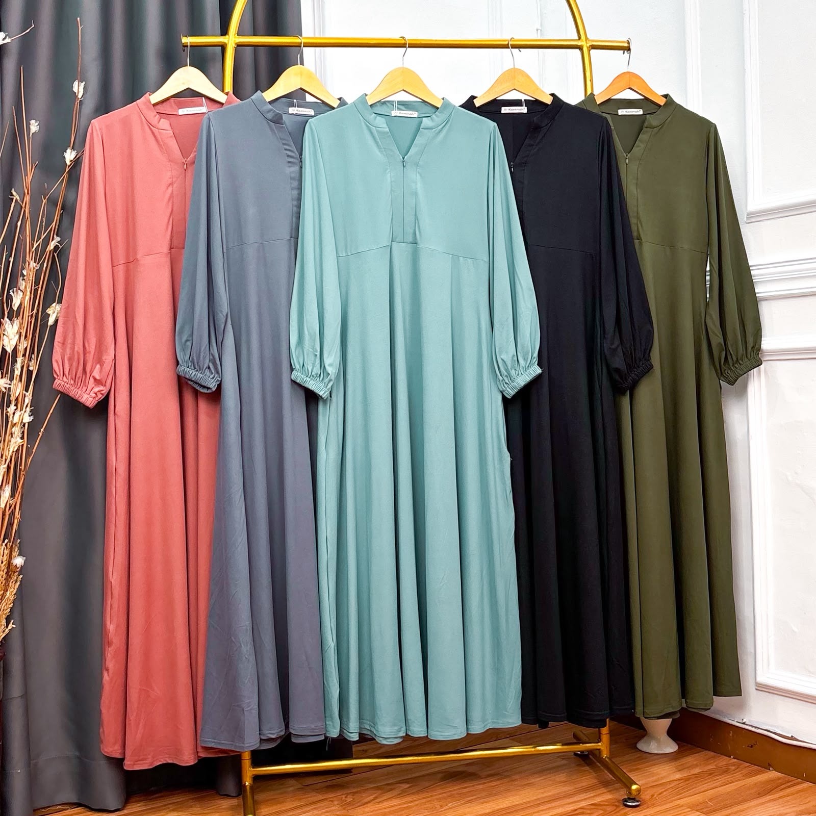 Asyifa Rayon Dress - Gamis V Tangan Kerut Basic Polos Busui Friendly 