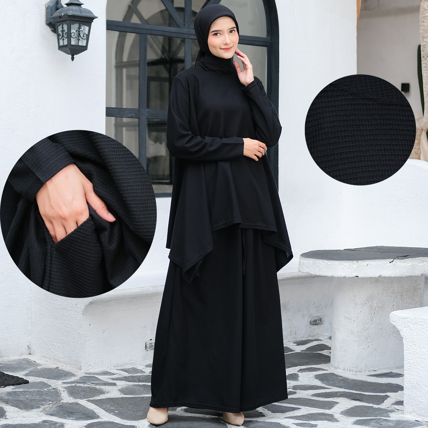 Oneset Simple Waffle Knit Series Black - SetelanSimple  Rok dan Kulot Kaos Knit Waffle