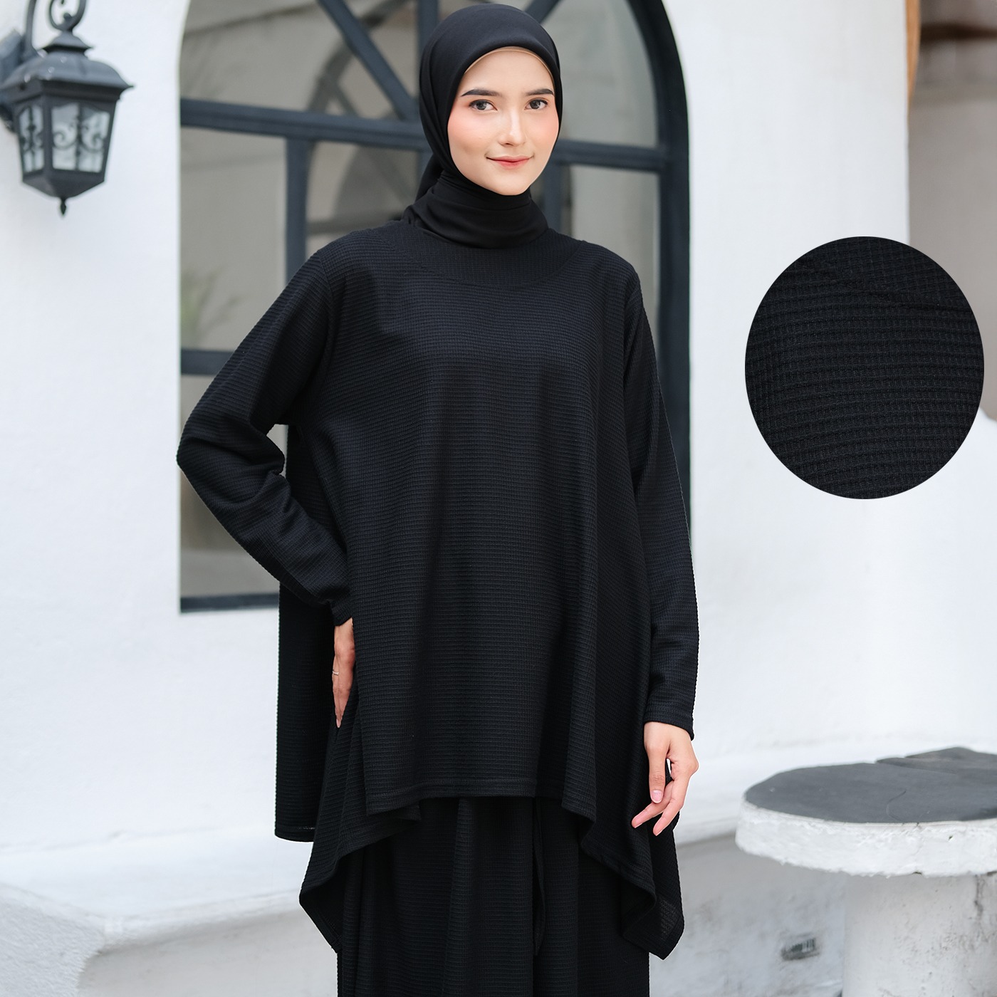 Oneset Simple Waffle Knit Series Black - SetelanSimple  Rok dan Kulot Kaos Knit Waffle