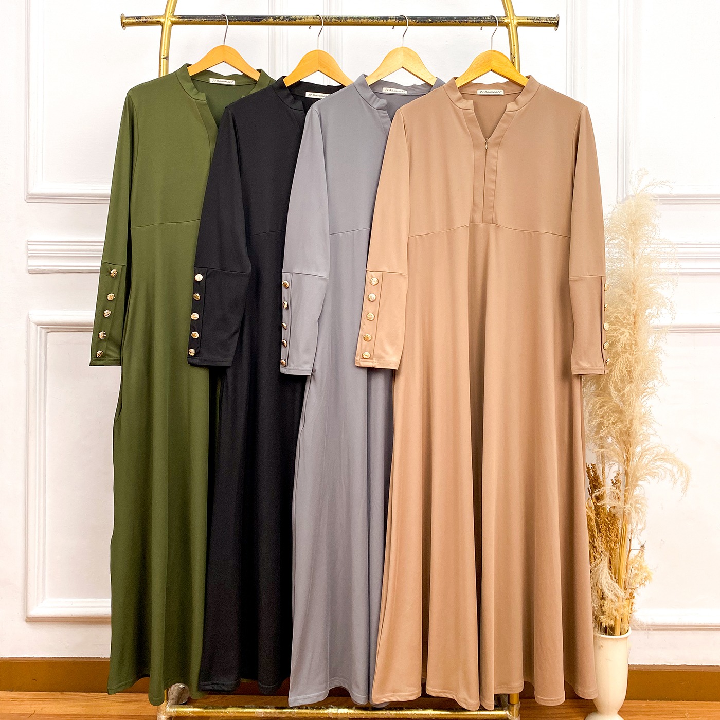 Asyifa Rayon Kancing Dress - Gamis Basic Krah V Tangan Kancing Rayon Adem