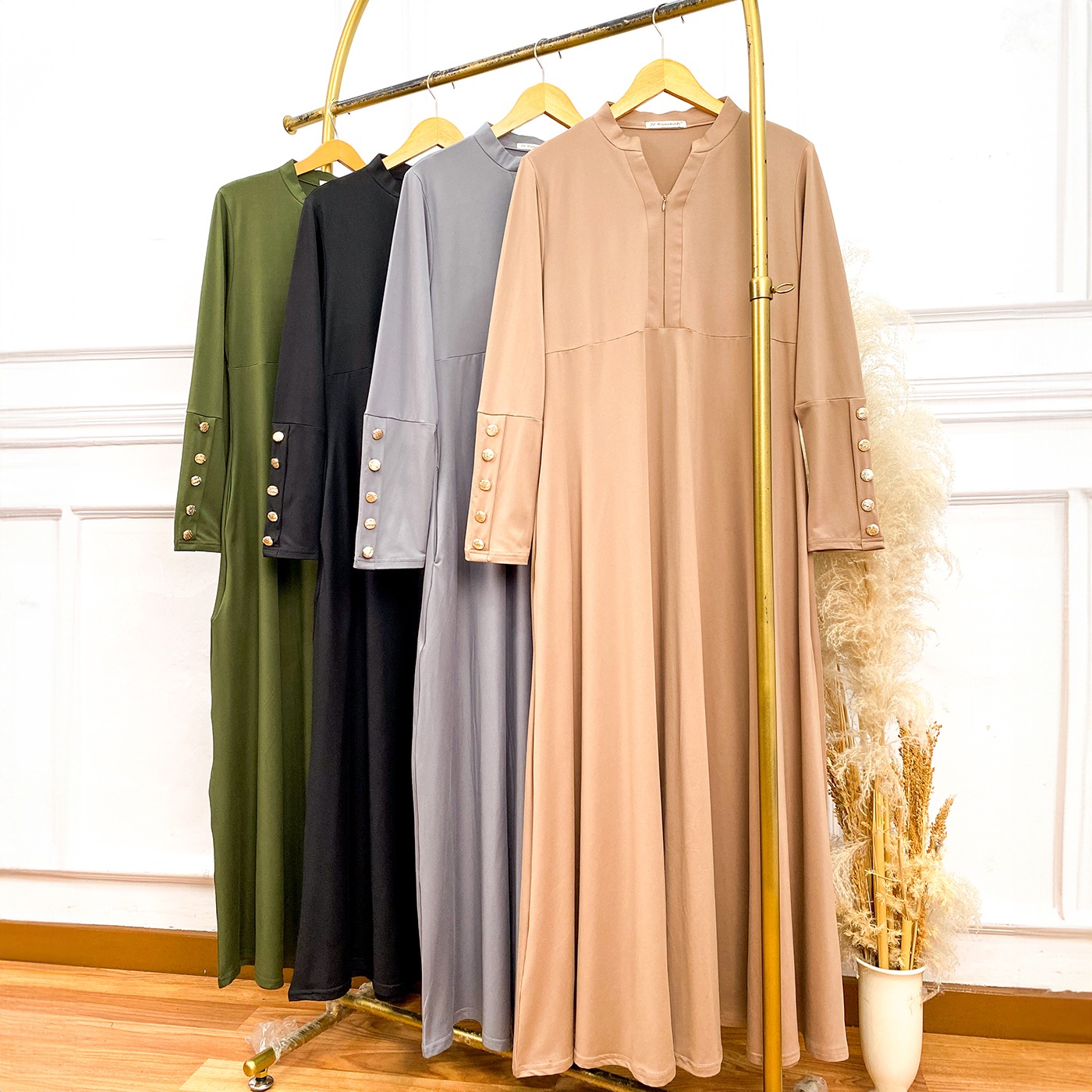 Asyifa Rayon Kancing Dress - Gamis Basic Krah V Tangan Kancing Rayon Adem