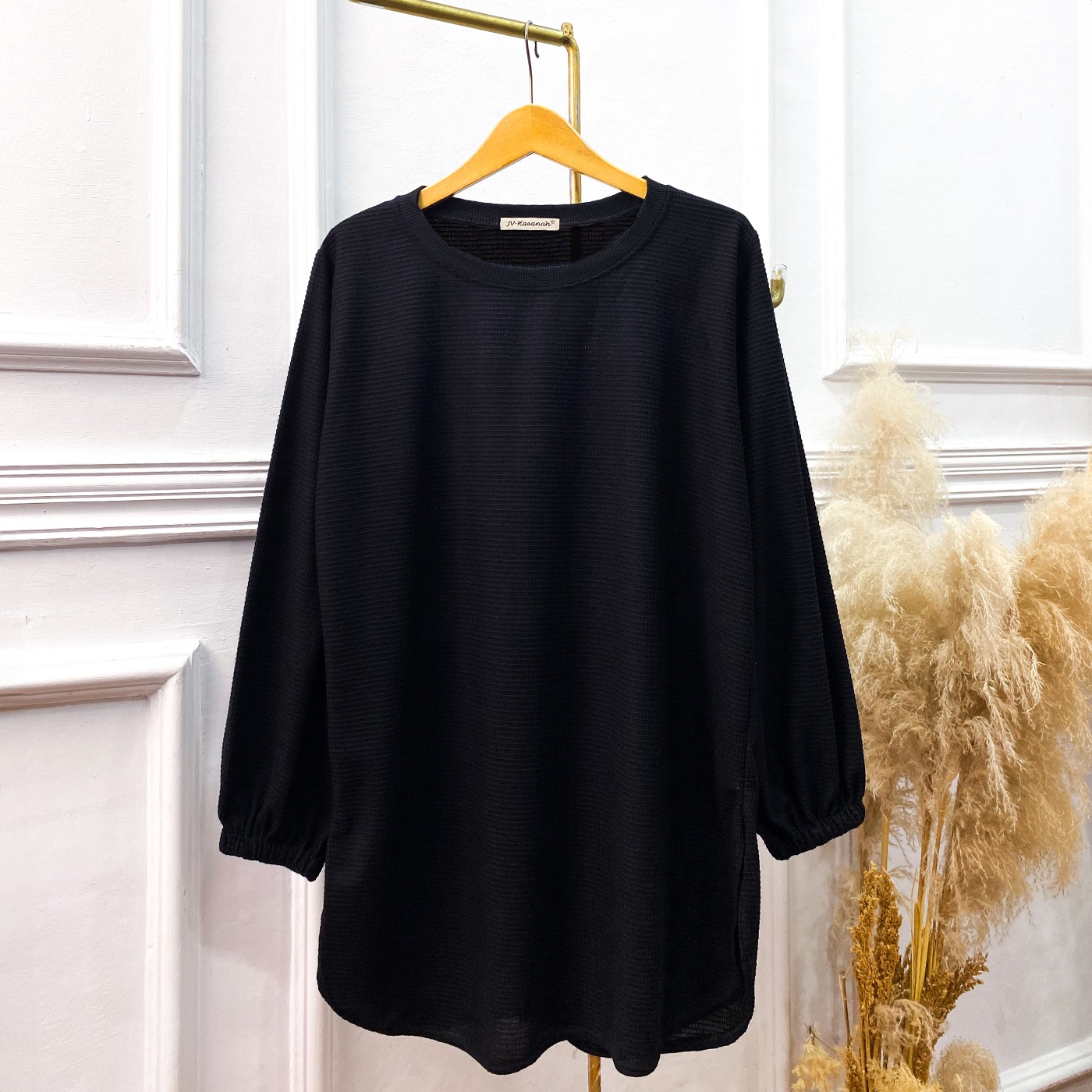 Oneset Baju Kurung Oval Waffle Knit Series Black - Setelan Rok Kaos Knit Waffle