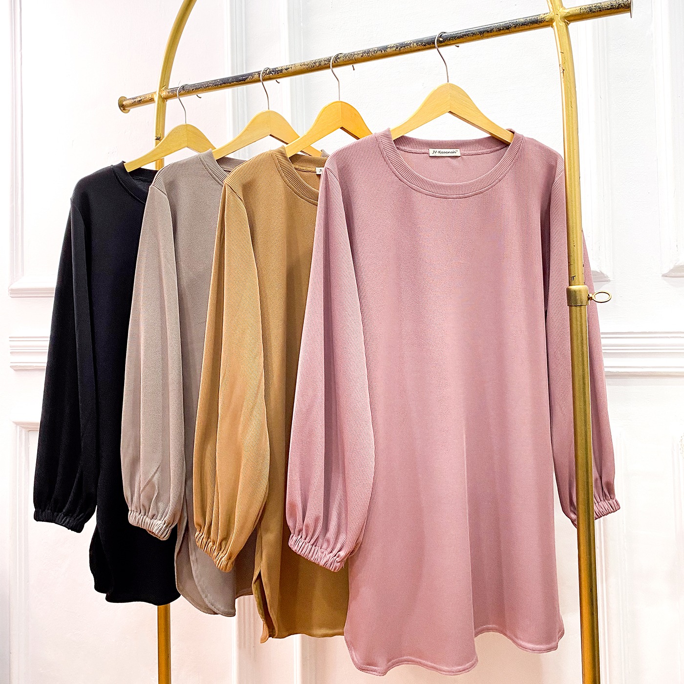 Oneset Baju Kurung Oval Waffle Knit - Setelan Rok dan Celana Baju Kurung Waffle Knit Premium